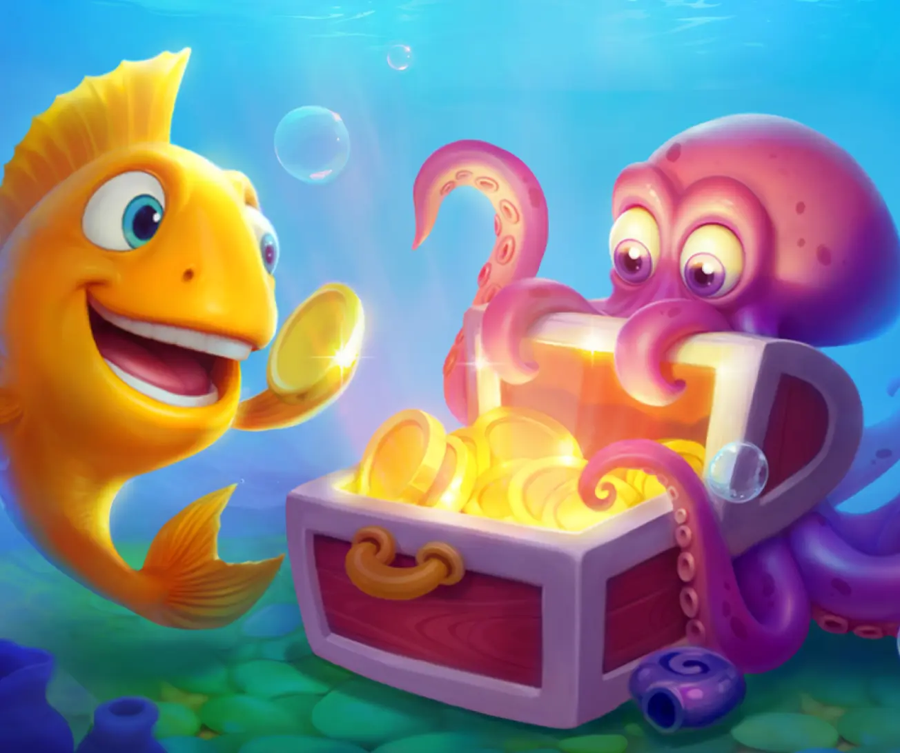 Złota rybka i fioletowa ośmiornica odkrywają skrzynię pełną błyszczących złotych monet na dnie morza, otoczoną bąbelkami i delikatnym światłem.